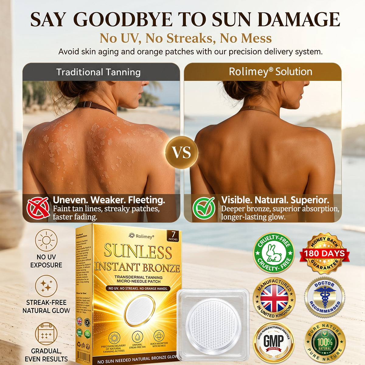 Rolimey® Bronze Glow Patch: Visible Sunless Glow in 7 Days — No UV, No DHA, No Orange Streaks, No Fake Tan Mess